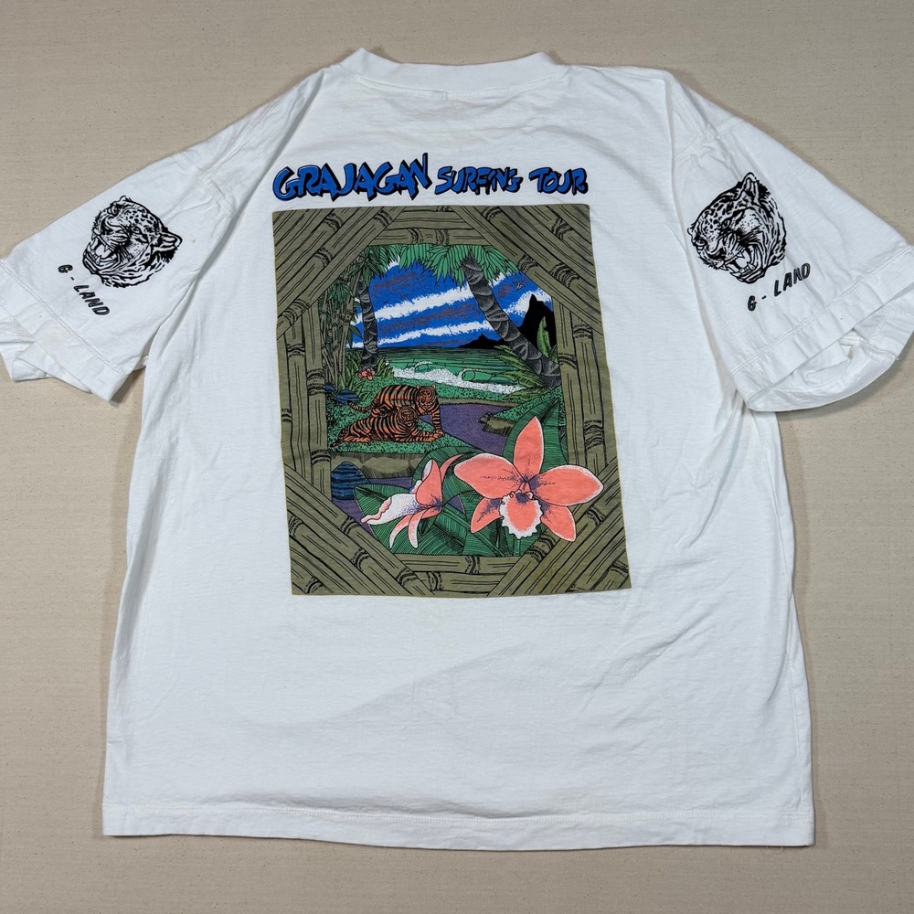 Vintage Grajagan Surfing Tour G-Land T-Shirt White XL Tiger Graphic Surf Tee